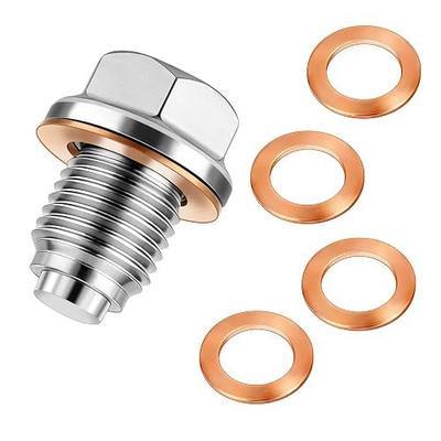 M14x1.5 Magnetic Oil Drain Plug, Hex Size 17mm Stainless Steel Engine Oil Pan Bolt with 5 Copper Crush Washers ,Universal Leak-Proof Replacement for Most Cars, Motorcycles, Boats