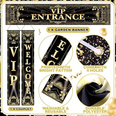 SmoothNovelty 3 Pcs VIP Party Decoration Banner VIP Welcome Entrance Movie Night Door Porch Sign Star Photography Door Banner Star Stage Entrance Doors Cover for Movie Night 1920s Theme Party Supplies