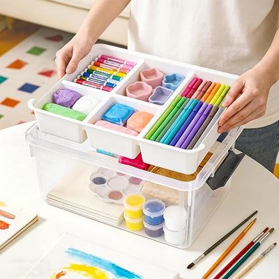 17 Qt Craft Organizers and Storage with Removable Tray and Divider, Clear Craft Storage Box, Stackable Art Supply Organizer for Painting, Coloring Book & Playdoh Storage, 1 Pack