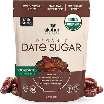 AKSHAR Ayurveda - Organic Date Sugar, Raw – Organic Sugar Alternative for Baking and Desserts – High Fiber Low Glycemic Sweetener – Natural Vegan Replacement Made from 100% USDA Raw Dates (1.1 lb)