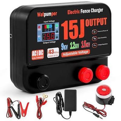 16 Joule Electric Fence Charger, 16 Joule Stored / 15 Joule Output Electric Fence Energizer, Adjustable 9KV 12KV 15KV Output Voltage, Range 43 Miles, Dual Power 12V DC / 100-240V AC, with Alarm