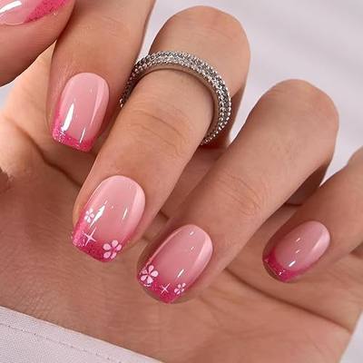 CurvLife Extra Short Square Press On Nails, Pink, Spring Kiss, Soft Gel | 32PCS, 16 Sizes, Salon-Quality Natural Fake Nails, Curved Fit, 7-14 Day Glue-On Wear, Reusable Stick-On Nails, Press-On Kit