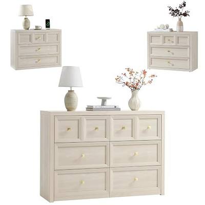 3 Piece Bedroom Set - Includes 6 Drawer Dresser and 3 Drawer King Size Nightstands Set of 2 with Charging Station, 3 Piece Farmhouse Dresser and Nightstand Sets,Grey White