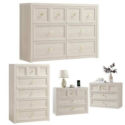 4-Piece Bedroom Set, 6 Drawer Dresser & 5 Drawer Tall Dresser and 3 Drawer King Size Nightstands Set of 2 with Charging Station, 4 Piece Farmhouse Wood Bedroom Dresser Sets,Grey White
