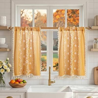 MYSKY HOME Boho Floral Short Tier Curtains 36 Inch Long for Kitchen Farmhouse Linen Blend Semi Sheer Light Filtering Drapes with Tassel Rod Pocket, 2 Panels, Each Panel 26" Wide, Golden Yellow
