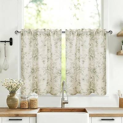 JIUZHEN Farmhouse Floral Linen Cafe Kitchen Curtains 24 Inch Length, Rod Pocket Rustic Light Filtering Tier Curtains for Livingroom/Bathroom, Green Peony Fragmented Flowers, 2 Panels