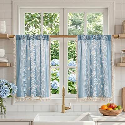 MYSKY HOME Short Boho Floral Tier Curtains 36 Inch Length for Cafe 2 Pcs | Linen Blend Semi Sheer Drapes Rod Pocket Light Filtering with Tassels for Cafe Bathroom over Sink, Dusty Blue, 26" Wide