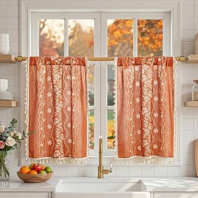MYSKY HOME Short Curtains 36 Inch Length 2 Panels Set Burnt Orange for Basement Semi Sheer Floral Printed Vintage Bohemian Drapes with Tassel Rod Pocket, Each Panel 26 Inch Wide, Terracotta