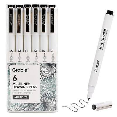 Grabie Micro Fineliner Pens, 6 Black Fine Line Waterproof Drawing Pens, Assorted Point Sizes for Sketching, Illustration, Journaling, Art Supplies