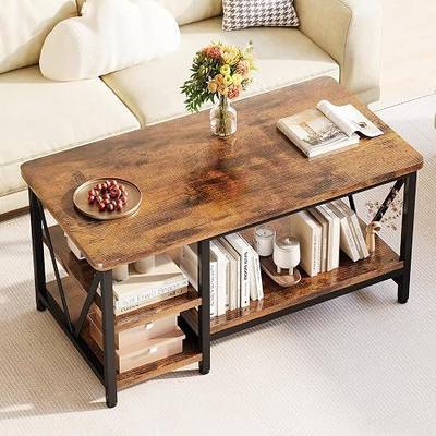 Coffee Table, 39.3" Farmhouse Coffee Table with Sturdy V-Frame Support | 4-Tier Wood Rustic Coffee Tables for Living Room, Home Office, Apartment, Rustic Brown