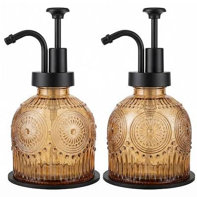 Vintage Glass Soap Dispenser 2 Pack for Bathroom Kitchen, with Black Pump and Non-Slip Mat, Refillable for Hand Soap, Dish Soap, Lotion, Shower Gel, Modern Farmhouse Decor (8 oz, Brown)