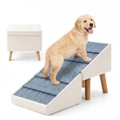 Dog Ramp for Couch, 3-in-1 Ottoman & Pet Stairs for Small Dogs | 15.7" H, 18.5" Extra Wide Foldable Hidden Storage Design. Non-Slip Steps for Puppy, Senior, Injured Dogs (White)