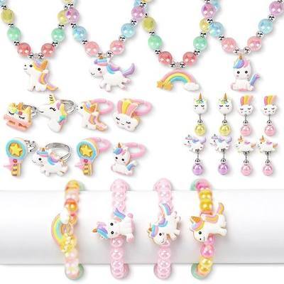 20 PCS Girls Jewelry Set, Unicorn Dress Up Jewelry with 4 Necklaces, 4 Bracelets, 8 Adjustable Rings & 4 Earrings, Princess Pretend Play Accessories, Birthday Gift for Girls Ages 3-8