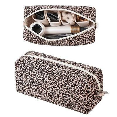 RSRSLEII Quilted Cotton Hair Tools Travel Bag,Hair Styling Storage Case for Hair Dryer and Attachments, Cute Portable Organizer with Compartments, Foldable(04Leopard)
