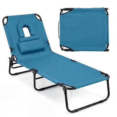 GYMAX Tanning Chair, Folding Lounge Chairs with Face Hole & Cover, Removable Pillow Carry Handle, Portable Compact Outdoor Layout Recliner for Beach, Poolside, Lawn, Patio, Camping (Blue,1)