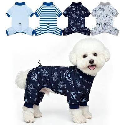 XPUDAC 4 Pack Dog Pajamas, Soft Puppy Clothes with Drawstring Adjustable Stretchy Dogs Onesie for Small Medium Doggie Shed Defender Dog Suit Pet Outfit Boy, L