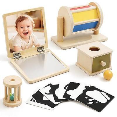 Montessori Toys for Babies 0-6 6-12 Months, Sensory Developmental Baby Toys, Tummy Time Toy - 5 in 1 Wooden Learning Toy Set, High Contrast Cards, Mirror & Spinning Drum for Newborn Infant Gift