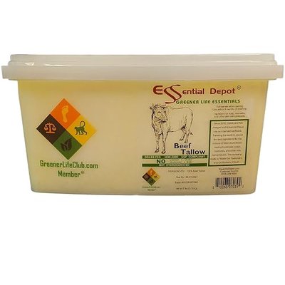 Beef Tallow - 100% Grass Fed - 7 lbs net wt in GLC container of PP with lock tab resealable lid and re-tachable handle - for cosmetic manufacturing - Not Hydrogenated - Non-GMO - USP Compliant - FREE from LACTOSE-GLUTEN-GLUTAMATE-BSE
