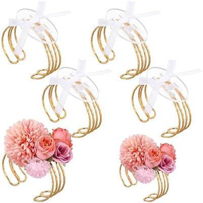 Hotop 4 Set Cuff Corsage Bracelets for Women Hammered Wrist Corsage Adjustable Cuff Bangle with Ribbon Minimalist Stackable Jewelry for Wedding Bridesmaid Bridal Party Prom