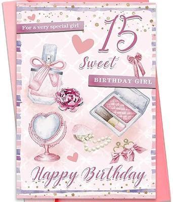 fancu Happy 15th Birthday Card for Girls | Fashion Bithday Card for 15th Girl, Pink Beauty Card, Birthday Card for Special Daughter Granddaughter, Perfume, Makeup Pearl