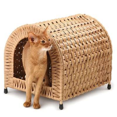 Handwoven Wicker Cat House for Cats up to 20 lb, 14.2"H × 14.2"W × 16.5"D | Dome shaped hideaway for cats to feel safe. Woven wicker and raised base for airflow. Natural furniture look. Rinse clean.