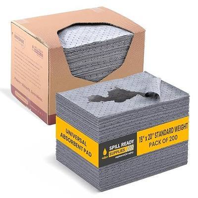 Spill Ready Universal Absorbent Pads 15" x 20" (200 Pack) - Standard Weight Absorbs Up to 24 oz per pad, 2mm Absorbent Mat, Dimpled & Perforated Industrial Sorbent Pads for Oil, Coolant - Gray