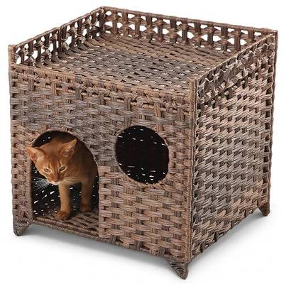 Handwoven Wicker Cat House with Peekaboo Window, for 1-2 Cats Under 20 lb | Woven wicker and raised base for airflow, cool for summer use. Natural furniture look. Rinse clean. Pop open and no assembly.