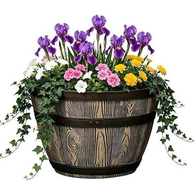 19.9 Inch Rustic Whiskey Barrel Planter - Durable Lightweight Plastic Plant Pot with Easy Knock-Out Drainage Holes, Indoor/Outdoor Barrel Planter for Outdoor Plants