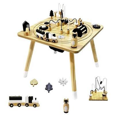 Wooden Montessori Activity Table for Toddlers 1-3, Kids Play Sensory Toy Table, Activity Center with Bead Maze, Shape Sorter, Train Track, Educational Learning Toys for Girls Boys