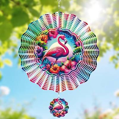 Flamingo Wind Spinner Outdoor - 12 Inch Hawaiian Style 3D Tropical Hanging Decor, Colorful Floral Iron Spinner Gift for Women, Kinetic Wind Art Ornament for Garden Yard Patio Balcony