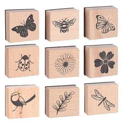 9Pcs Wooden Rubber Stamp Set, Vintage Rubber Stamps for Crafting, Butterfly, Bird, Ladybird & Plant Journal Stamps for Arts & Crafts, Stationary, Scrapbooking, School Projects, Journals