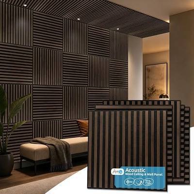 Art3d Acoustic Slat Wood Panels - 12-Pack 2x2ft Soundproof Drop Ceiling, Living Room & Bedroom DIY Decoration, Walnut