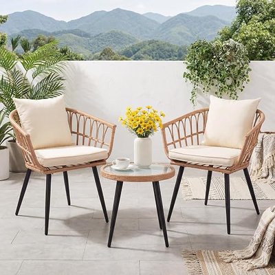 3 Piece Patio Bistro Set, Outdoor Wicker Apartment Balcony Furniture Set | All-Weather Rattan Patio Conversation Set for Backyard, Balcony and Porch with Soft Cushions,Tempered Glass Side Table(Beige)