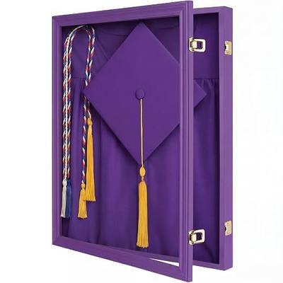 CroBlissful 17"x23" Graduation Shadow Box Frame Large Wood Display Case with Stick Pins Hanging Hardware Graduation Gown Display Memory Shadow Box for Cap Gown Diploma Stole Cords (Purple)