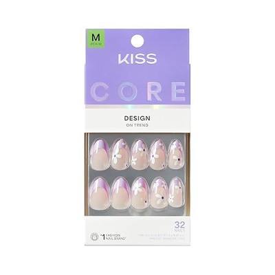 Kiss CORE, Press On Nails, Nail glue included, 'Chasing Sunshine', Pink, Medium Size, Almond Shape, Includes 32 Nails, 2g glue, 1 Manicure Stick, 1 Mini File
