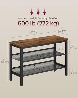 VASAGLE 3 Tier Shoe Rack Bench, One Piece Shelves, Industrial Style | Shoe Storage Organizer with Raised Edges, Easy Assembly, 11 x 29.5 x 19.7 Inches, Rustic Brown and Matte Black ULSB070KD01S