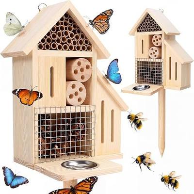 Hoteam Wooden Insect Hotel Bee Ladybugs Butterfly House Large Natural Mason Bee Lady Bug Hotel with Stake and Feeder for Garden Yard Backyard Attract Butterflies Pollinators Beneficial Insect(Natural)