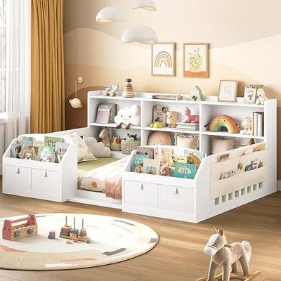 AOGLLATI Twin Floor Wooden Montessori Bed Frame for Kids 1-3 with Storage Shelves,Sides Bookshelves,Safety Guardrail & 4 Fabric Drawers for Bedroom, Nursery,Without Slats, White