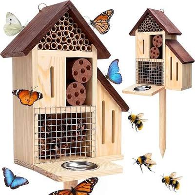 Hoteam Wooden Insect Hotel Bee Ladybugs Butterfly House Large Natural Mason Bee Lady Bug Hotel with Stake and Feeder for Garden Yard Backyard Attract Butterflies Pollinators Beneficial Insect(Brown)