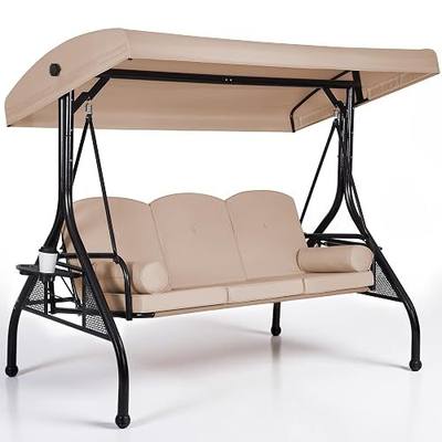 3-Seat Outdoor Porch Swing with Adjustable Canopy, 2 in 1 Convertible Patio Swing Bed, Patio Glider Swing for Adult, with Cup Holder and Pillow for Backyard, Beige