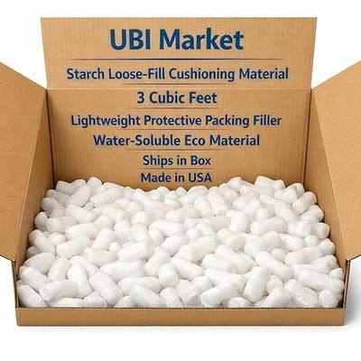 UBI Market Starch Loose‑Fill Cushioning Material, 2 Cubic Feet (15 Gallons), Lightweight Protective Packing Filler, Water‑Soluble Eco Material, Ships in Box, Made in USA
