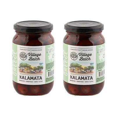 Village Batch Greek Kalamata Whole Olives 12.3oz Jar (Pack of 2) Marinated in Red Wine Vinegar and Sea Salt, Premium Handpicked Greek Olives for Snacking, Salads and Cooking