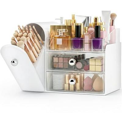 Makeup Organizer,Vanity Organizer with Makeup Brush Holder,Large Skincare Organizers with Drawers,Bathroom Countertop Organizer,Storage Lipstick,Perfume,Nail Polish,Beauty,Gifts for Woman