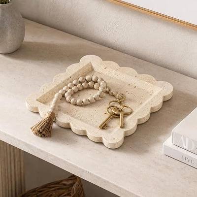 Decorative Scalloped Tray - Beautiful Travertine Stone Inspired 8"x8" Vanity Tray for Jewelry, Perfume and Trinkets - The Perfect Resin Decor Accent for Any Bathroom, Nightstand & Marble Coffee Table