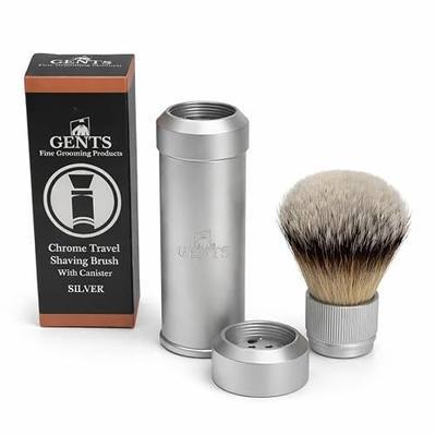 GENTS Travel Shaving Brush with Collapsible Canister – Synthetic Bristles, Compact Portable Wet Shaving Brush for Men, Chrome-Style Travel Grooming Brush for Home, Gym & Hotel Use (Silver, 6 Inches)