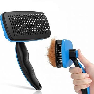 Pet Slicker Brush with Self-Cleaning Button – Deshedding & Grooming Tool for All Hair Types – Safe for Puppy, Kitten & Dogs, Cats, Blue, Hampton Distribution