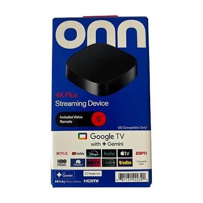 Onn 4K Plus Streaming Device with Google TV – 16GB Storage, 2GB RAM, Wi-Fi 6, Dolby Vision & Dolby Atmos, Voice Remote, 4K UHD