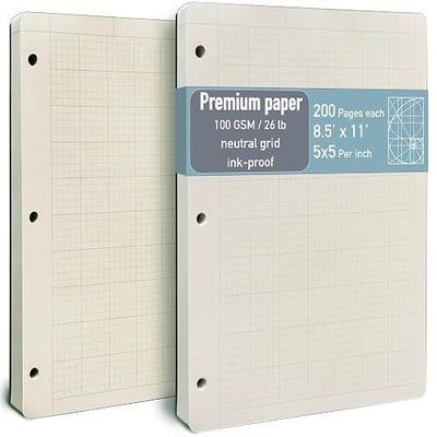 Engineering Pad 2 Pack, 8.5” x 11”, 100 GSM Paper, No Bleed-Through, 5x5 Quad Ruled Graph Paper, Double-Sided with Standard Header, 3 Hole Punched, Cream Paper, Rounded Corners, 200 Pages Each