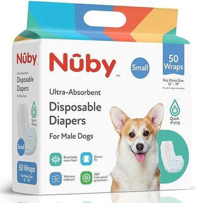 Nuby Pets Disposable Male Dog Wraps, Small (12–19" Waist), 50 Count | Wetness indicator, absorbent and leak-resistant belly bands for male dogs with secure comfortable fit
