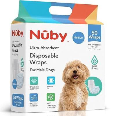 Nuby Pets Disposable Male Dog Wraps, Medium (18–25" Waist), 50 Count | Wetness indicator, absorbent and leak-resistant belly bands for male dogs with secure comfortable fit
